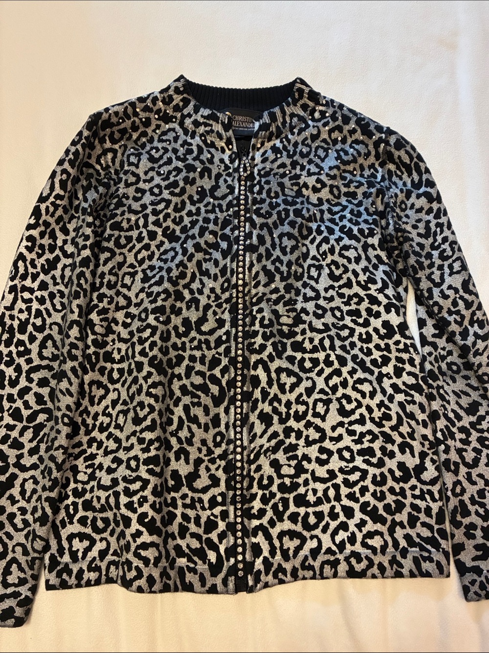 Christine Alexander Studded Leopard Bomber Jacket - Black & Silver - Picture 2 of 7